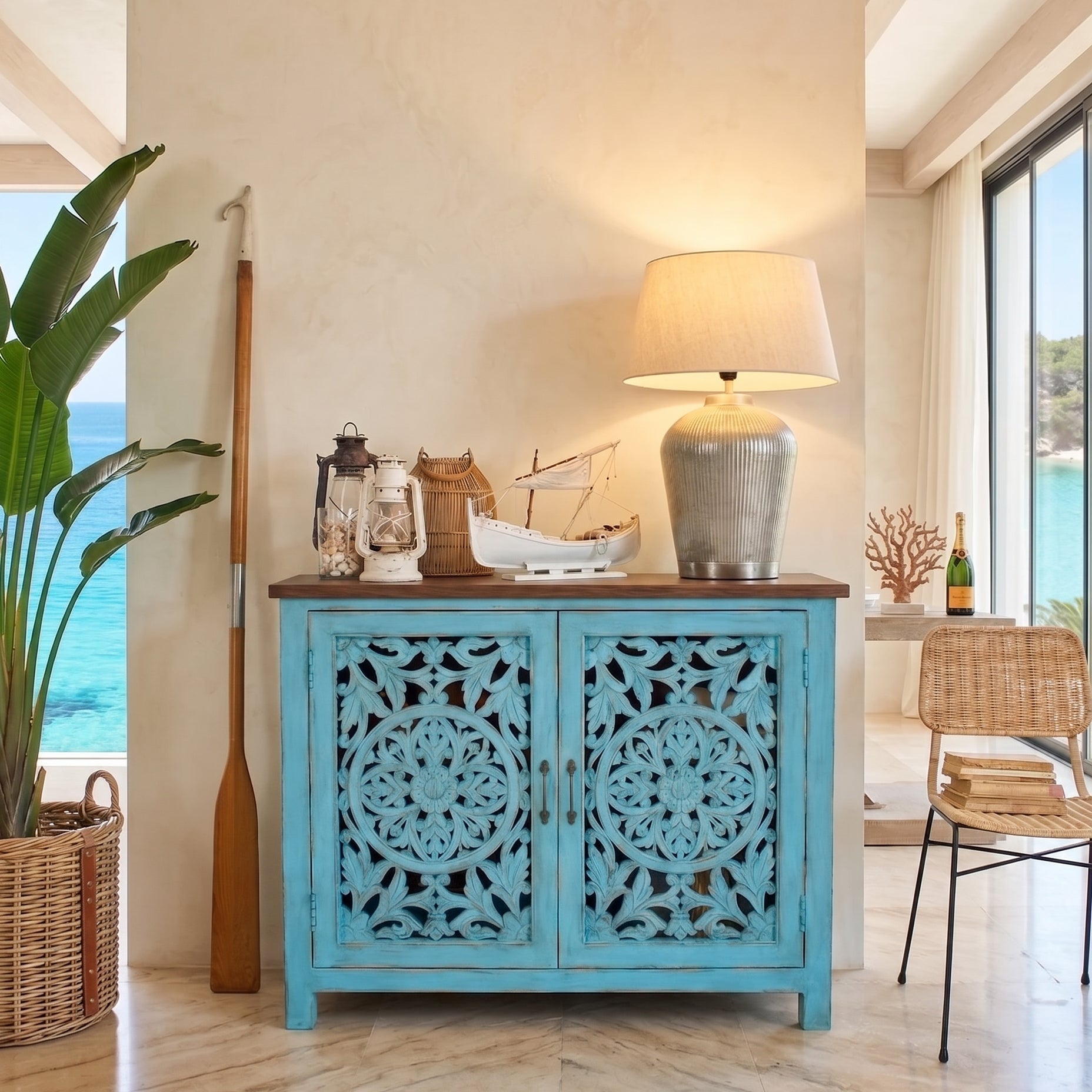 Credenza in legno di mango massello intagliato Madras 110 cm - OrchideaMilano1981