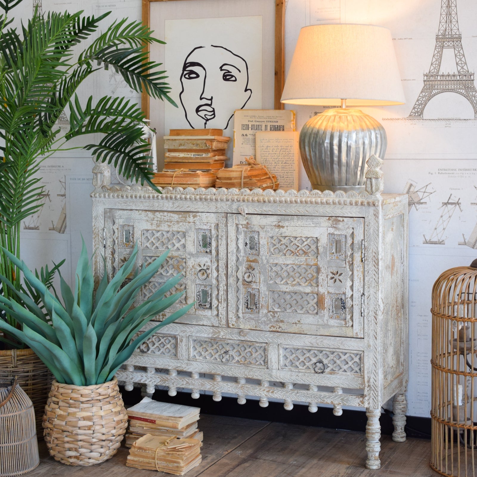 Credenza in legno di mango massello lavorato Gujarat 100 cm - OrchideaMilano1981