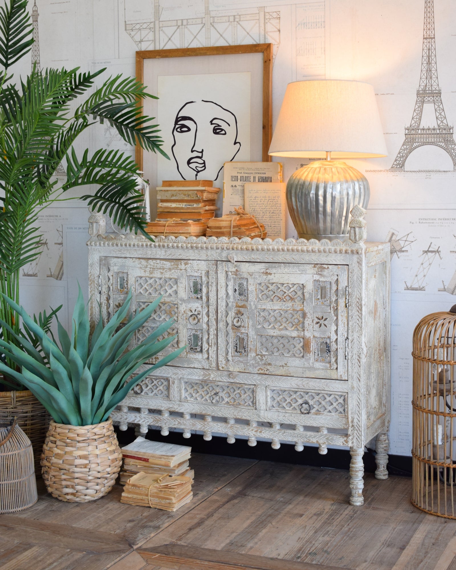 Credenza in legno di mango massello lavorato Gujarat 100 cm - OrchideaMilano1981