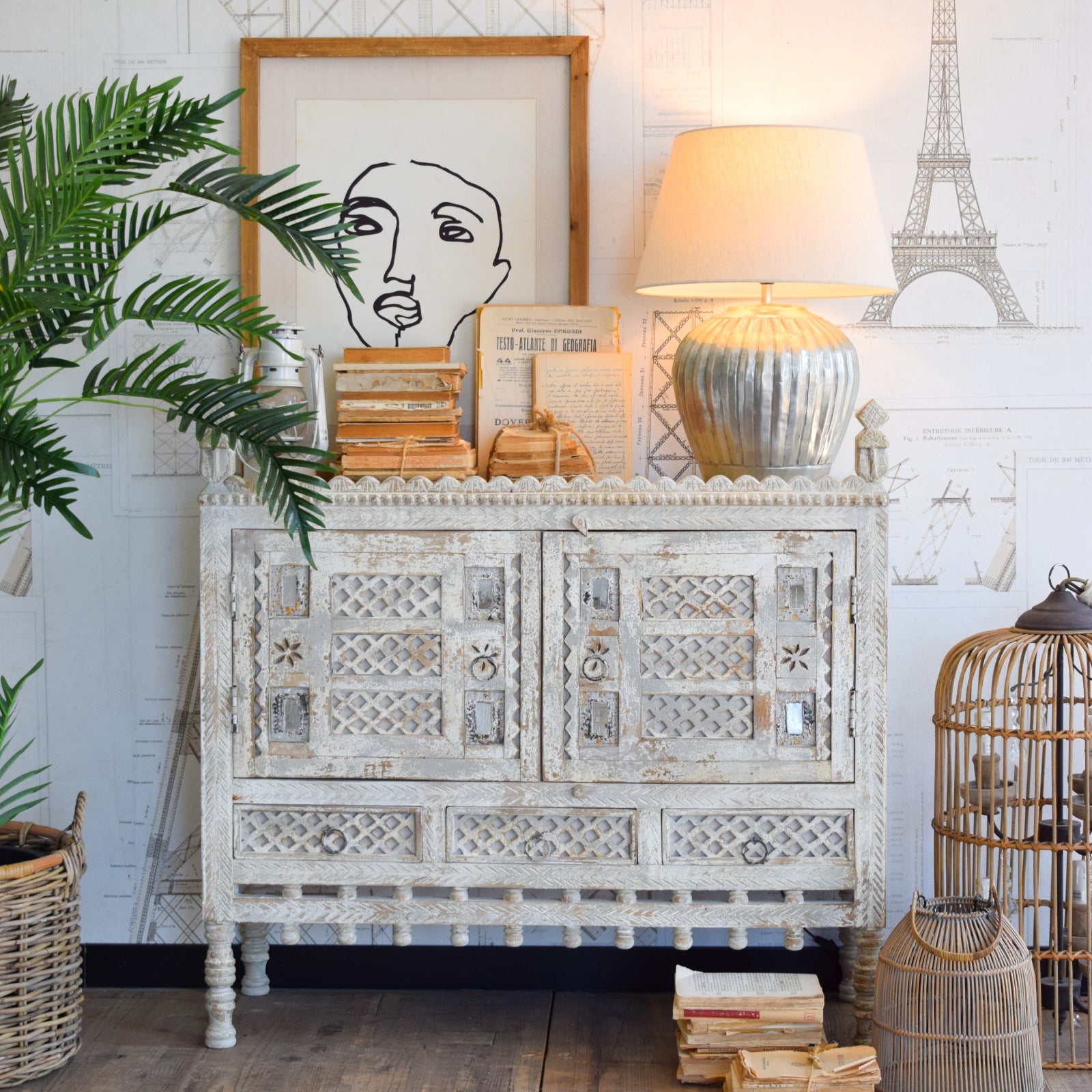 Credenza in legno di mango massello lavorato Gujarat 100 cm - OrchideaMilano1981