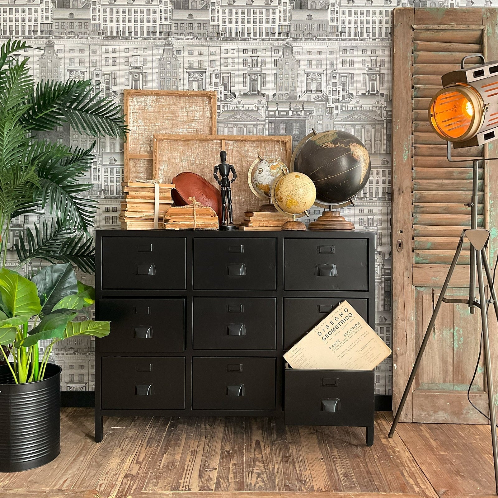 Cassettiera industriale in ferro Antique Black 105 cm - OrchideaMilano1981