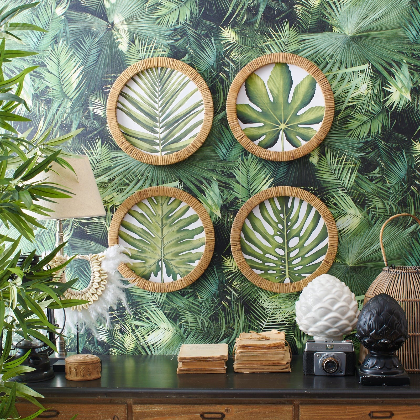 Stampe con cornice in rattan Green Leaves set di 4 - OrchideaMilano1981