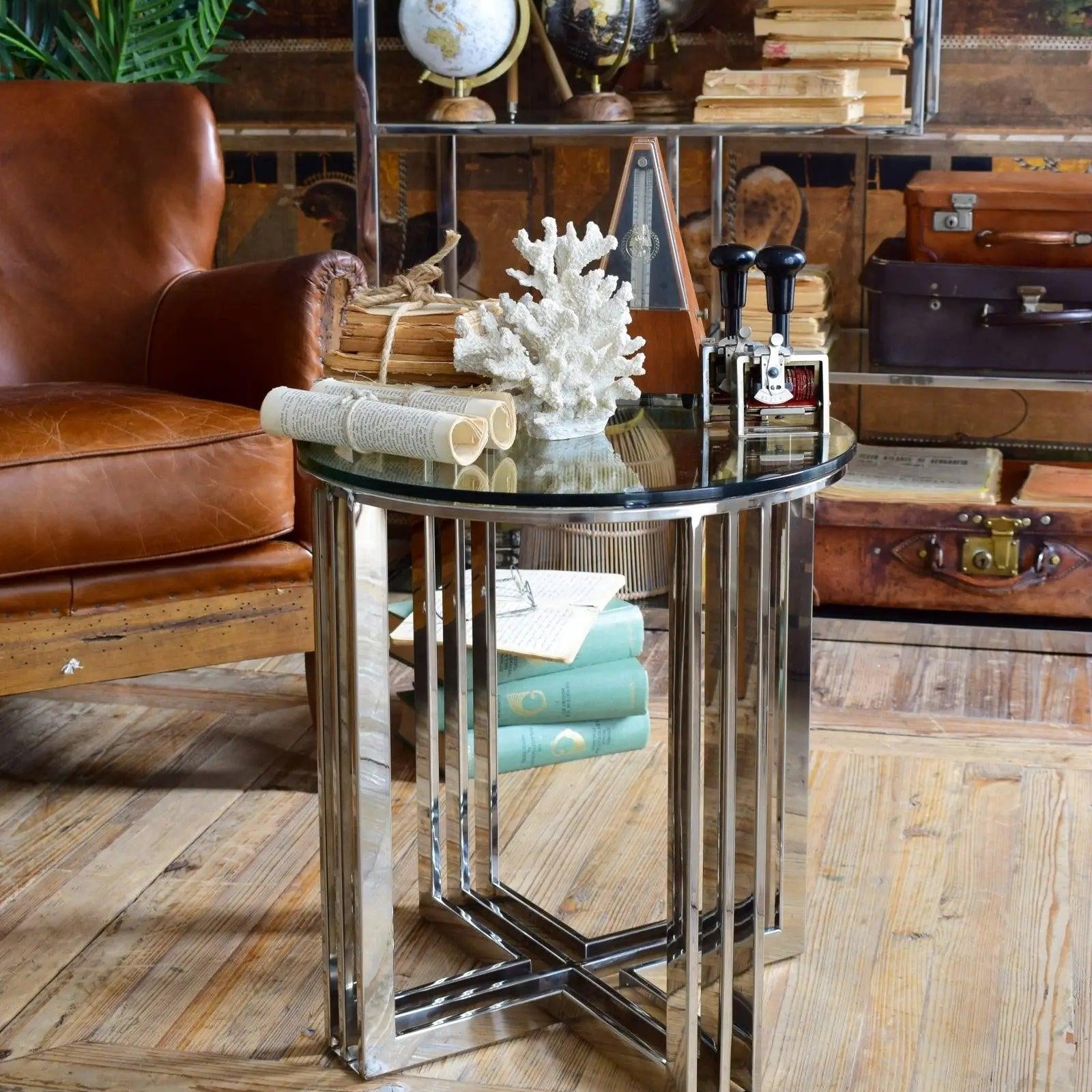 Tavolino rotondo moderno in acciaio e vetro Lexington Avenue 45 cm - OrchideaMilano1981